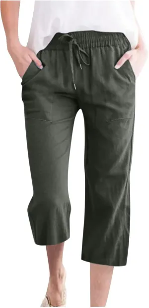 Cotton Linen Capri Pants for Women Casual Summer Straight Wide Leg Palazzo Capris Loose Comfy Beach Cropped Trousers
