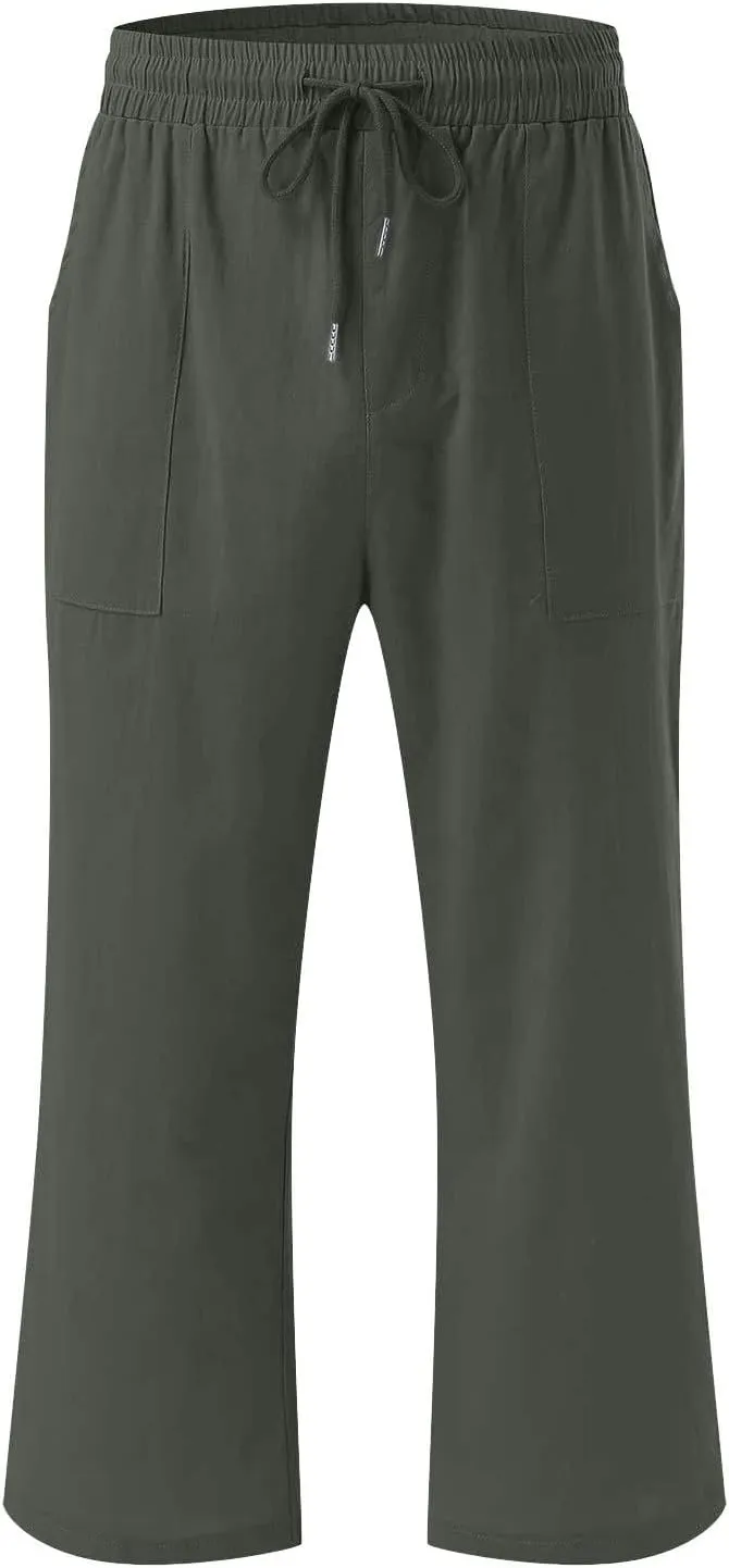 Cotton Linen Capri Pants for Women Casual Summer Straight Wide Leg Palazzo Capris Loose Comfy Beach Cropped Trousers