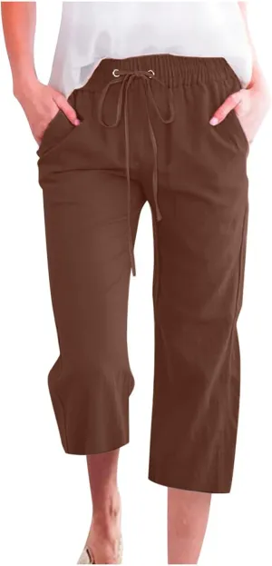 Cotton Linen Capri Pants for Women Casual Summer Straight Wide Leg Palazzo Capris Loose Comfy Beach Cropped Trousers