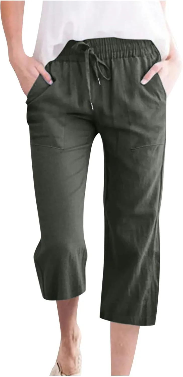 Cotton Linen Capri Pants for Women Casual Summer Straight Wide Leg Palazzo Capris Loose Comfy Beach Cropped Trousers