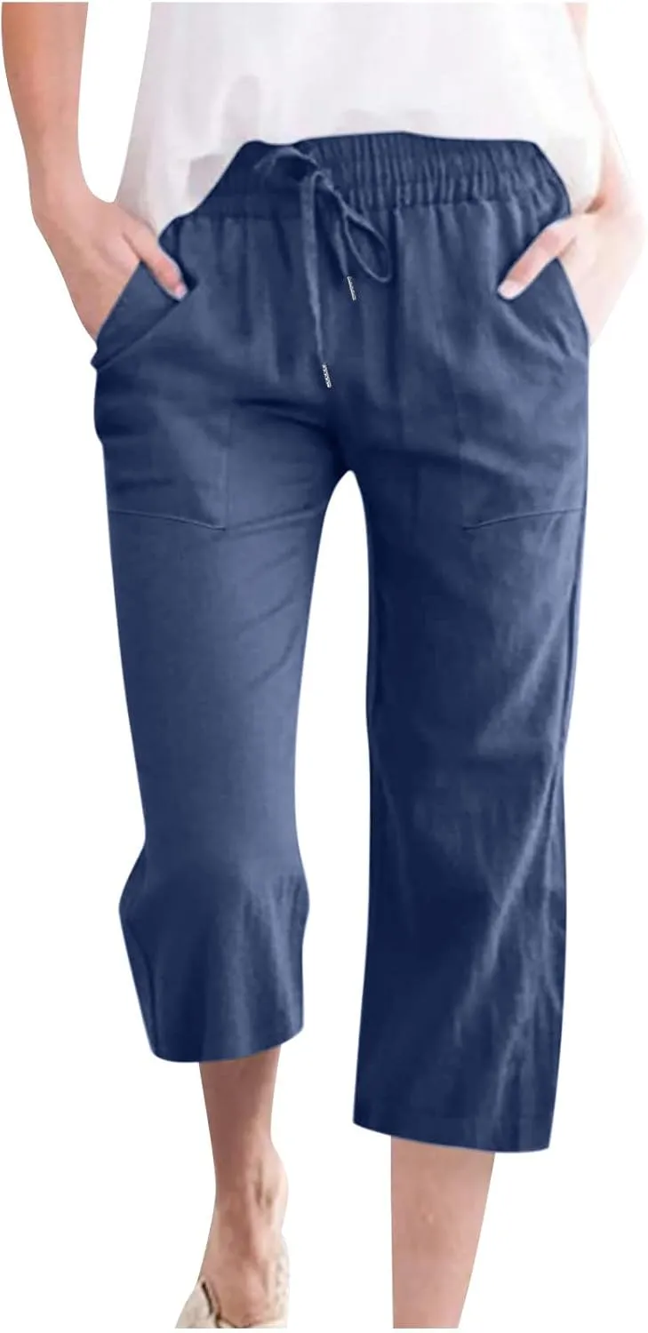 Cotton Linen Capri Pants for Women Casual Summer Straight Wide Leg Palazzo Capris Loose Comfy Beach Cropped Trousers