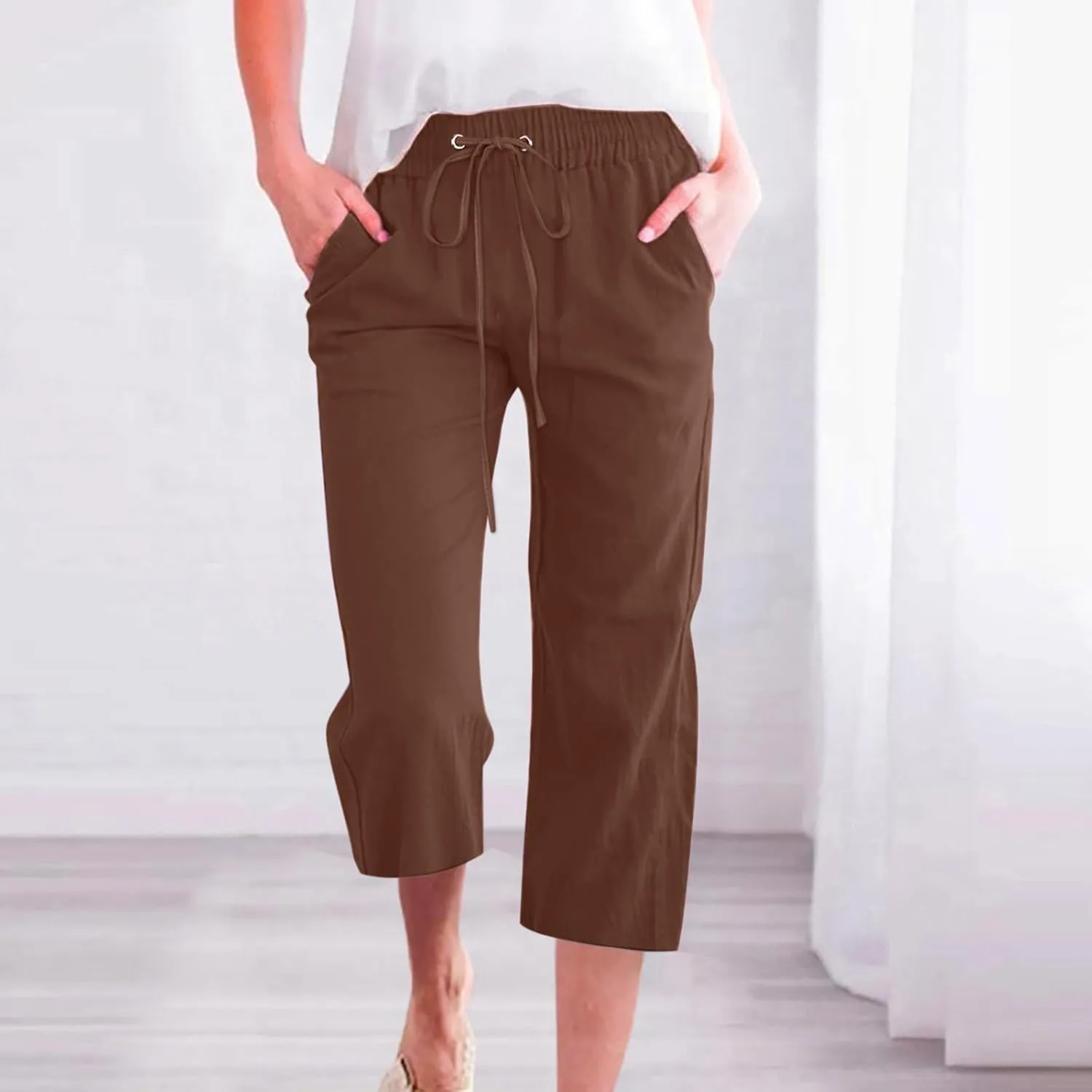 Cotton Linen Capri Pants for Women Casual Summer Straight Wide Leg Palazzo Capris Loose Comfy Beach Cropped Trousers
