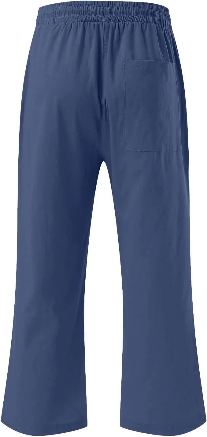 Cotton Linen Capri Pants for Women Casual Summer Straight Wide Leg Palazzo Capris Loose Comfy Beach Cropped Trousers
