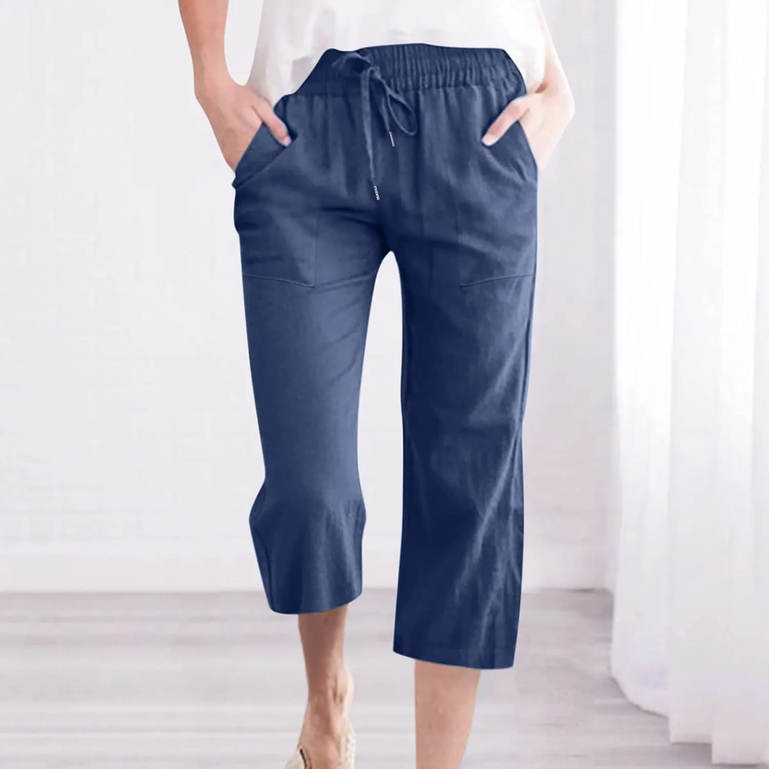 Cotton Linen Capri Pants for Women Casual Summer Straight Wide Leg Palazzo Capris Loose Comfy Beach Cropped Trousers
