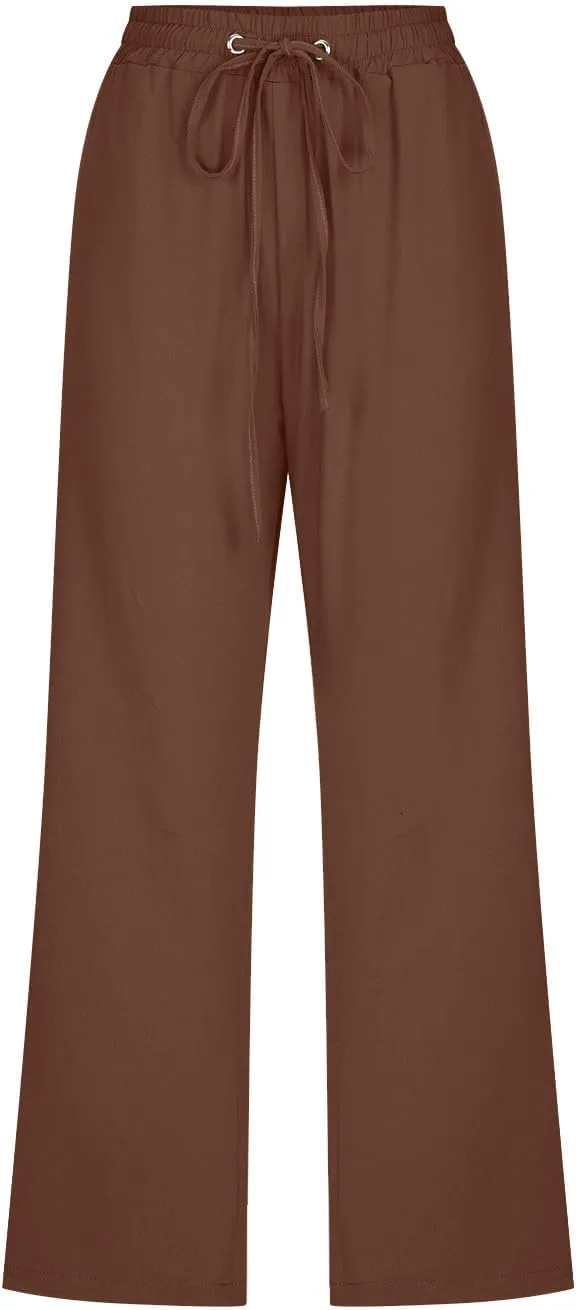 Cotton Linen Capri Pants for Women Casual Summer Straight Wide Leg Palazzo Capris Loose Comfy Beach Cropped Trousers