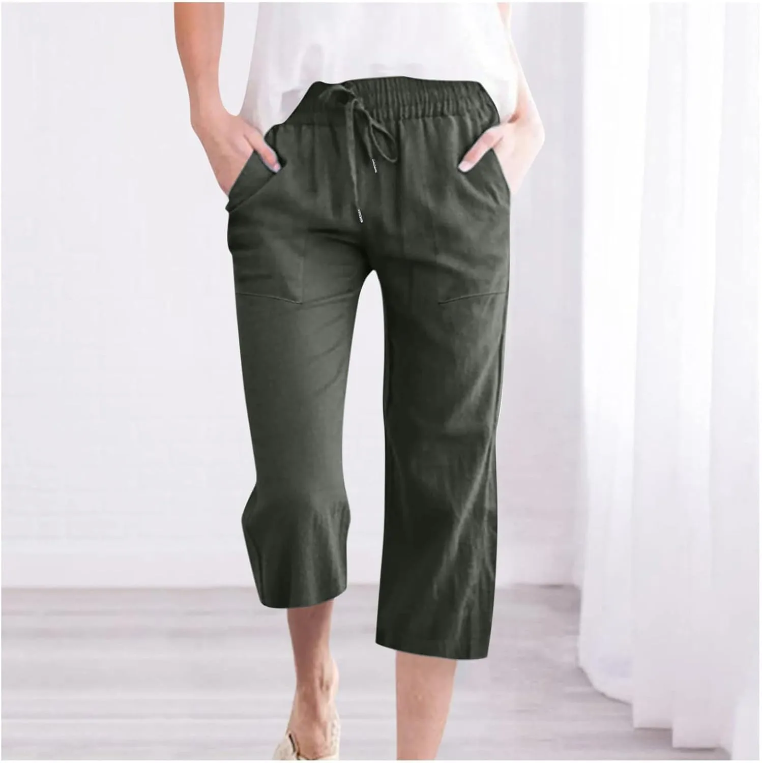 Cotton Linen Capri Pants for Women Casual Summer Straight Wide Leg Palazzo Capris Loose Comfy Beach Cropped Trousers