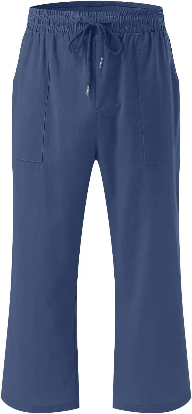 Cotton Linen Capri Pants for Women Casual Summer Straight Wide Leg Palazzo Capris Loose Comfy Beach Cropped Trousers