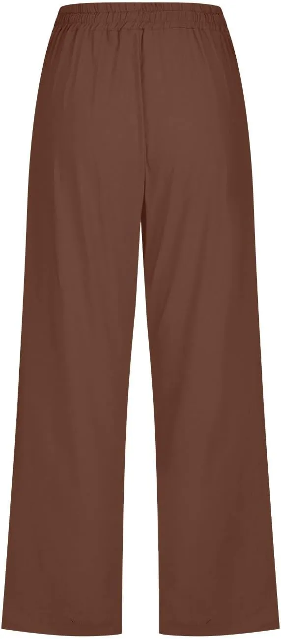 Cotton Linen Capri Pants for Women Casual Summer Straight Wide Leg Palazzo Capris Loose Comfy Beach Cropped Trousers