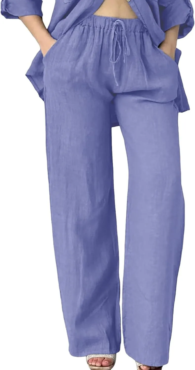 Cotton Linen Pants Women Summer High Waist Casual Drawstring Pants Straight Leg Going Out Lounge Trouser with Pocket