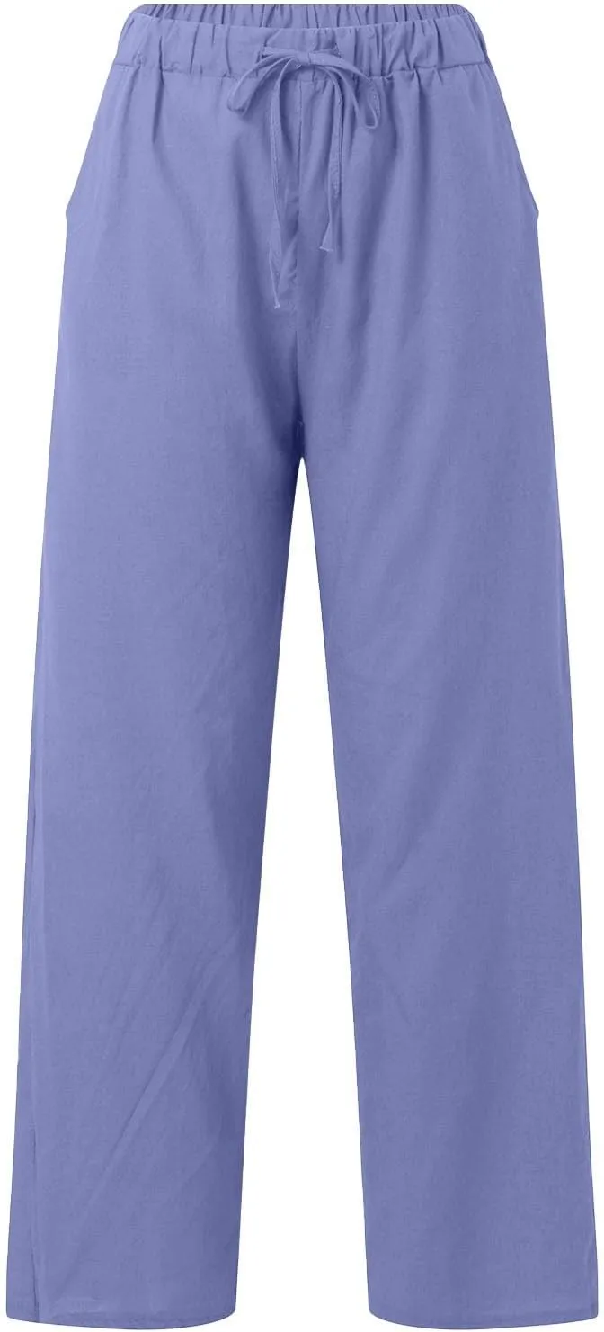 Cotton Linen Pants Women Summer High Waist Casual Drawstring Pants Straight Leg Going Out Lounge Trouser with Pocket