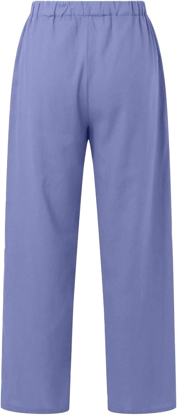 Cotton Linen Pants Women Summer High Waist Casual Drawstring Pants Straight Leg Going Out Lounge Trouser with Pocket