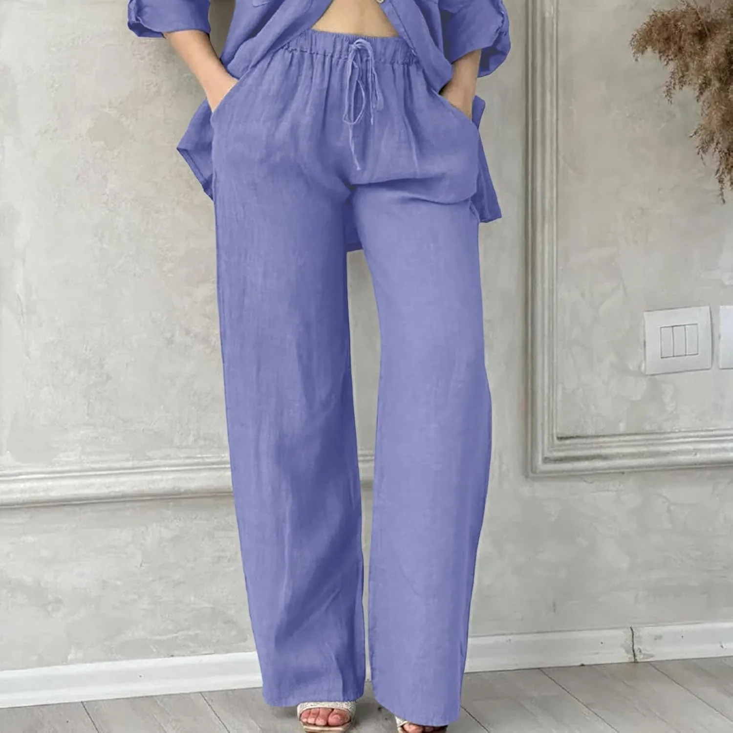 Cotton Linen Pants Women Summer High Waist Casual Drawstring Pants Straight Leg Going Out Lounge Trouser with Pocket