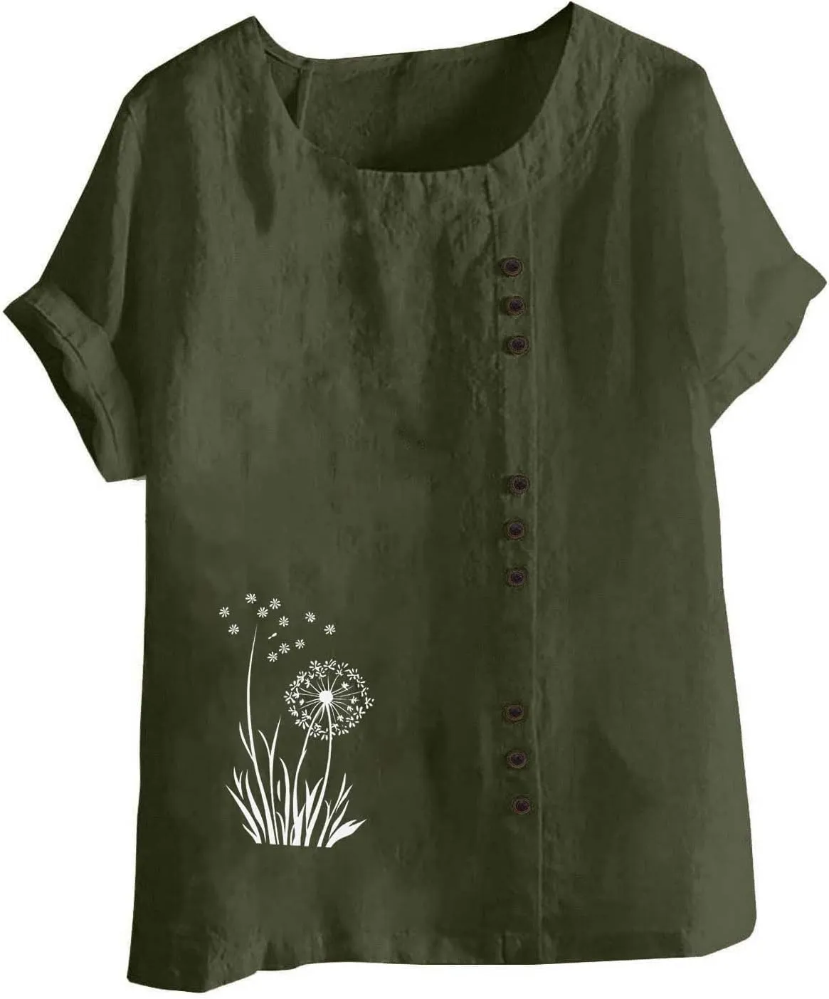 Cotton Linen Tops for Womens 2025 Crewneck Roll Up Short Sleeve Tshirt Trendy Floral Print Casual Loose Blouse