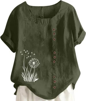 Cotton Linen Tops for Womens 2025 Crewneck Roll Up Short Sleeve Tshirt Trendy Floral Print Casual Loose Blouse