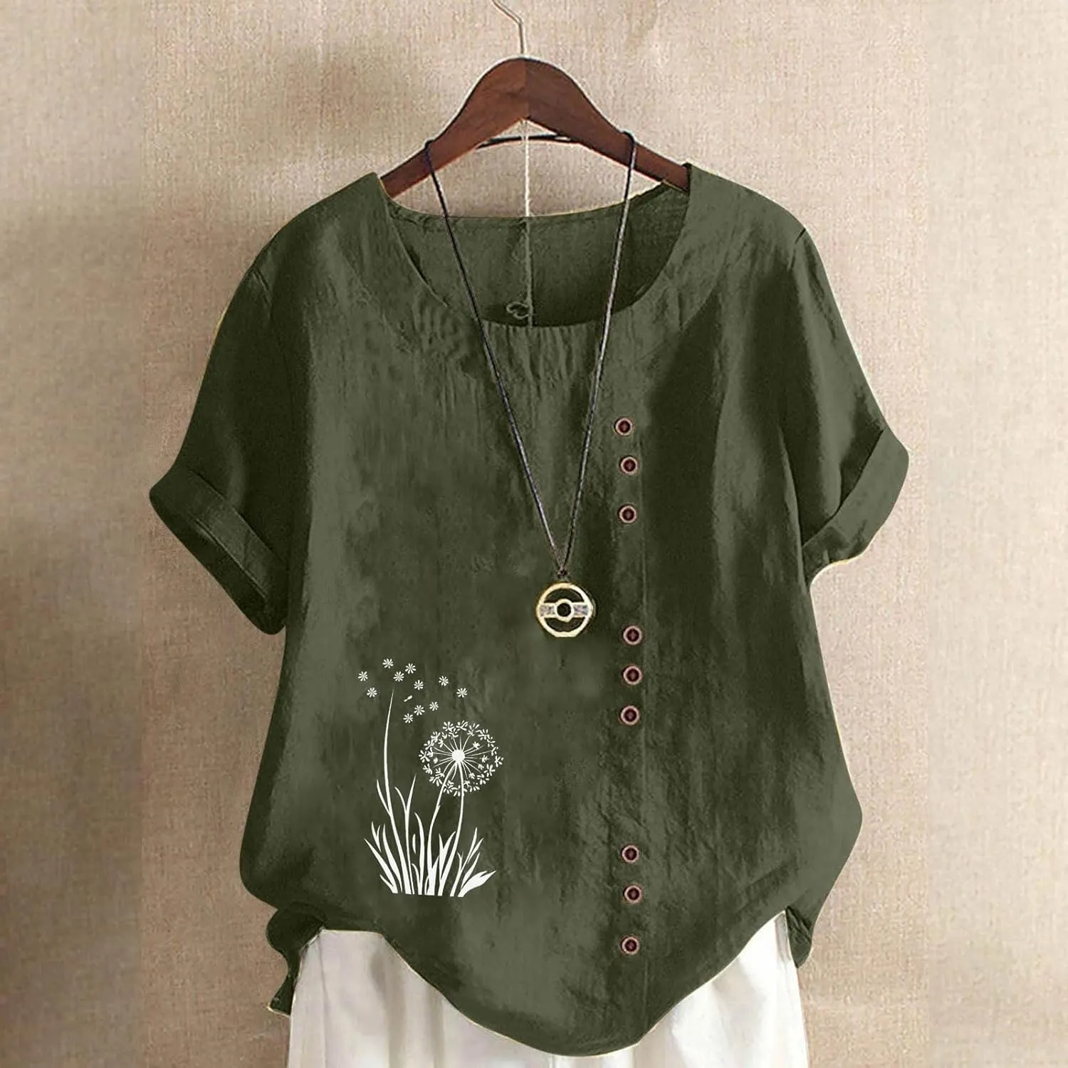Cotton Linen Tops for Womens 2025 Crewneck Roll Up Short Sleeve Tshirt Trendy Floral Print Casual Loose Blouse