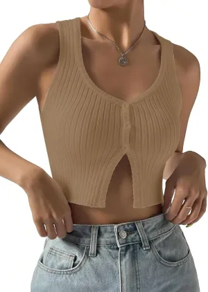 COZYEASE Women's Button Front Ribbed Knit Crop Tank Top Scoop Neck Sleeveless Casual Plain Crop Top