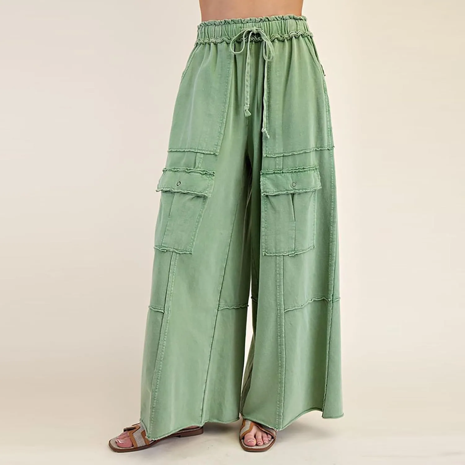 Culottes for Women Casual Summer Elastic Waist Cargo Jeans Loose Fit Lightweight Flowy Wide Leg Palazzo Pants with Pockets