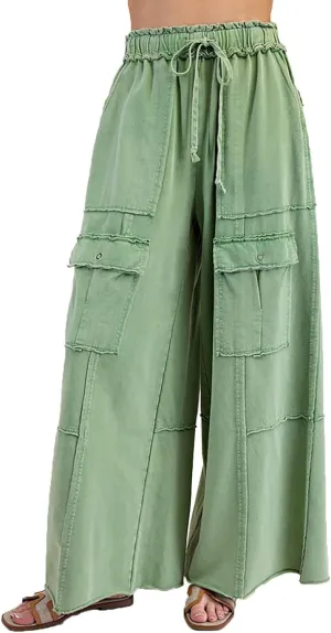 Culottes for Women Casual Summer Elastic Waist Cargo Jeans Loose Fit Lightweight Flowy Wide Leg Palazzo Pants with Pockets