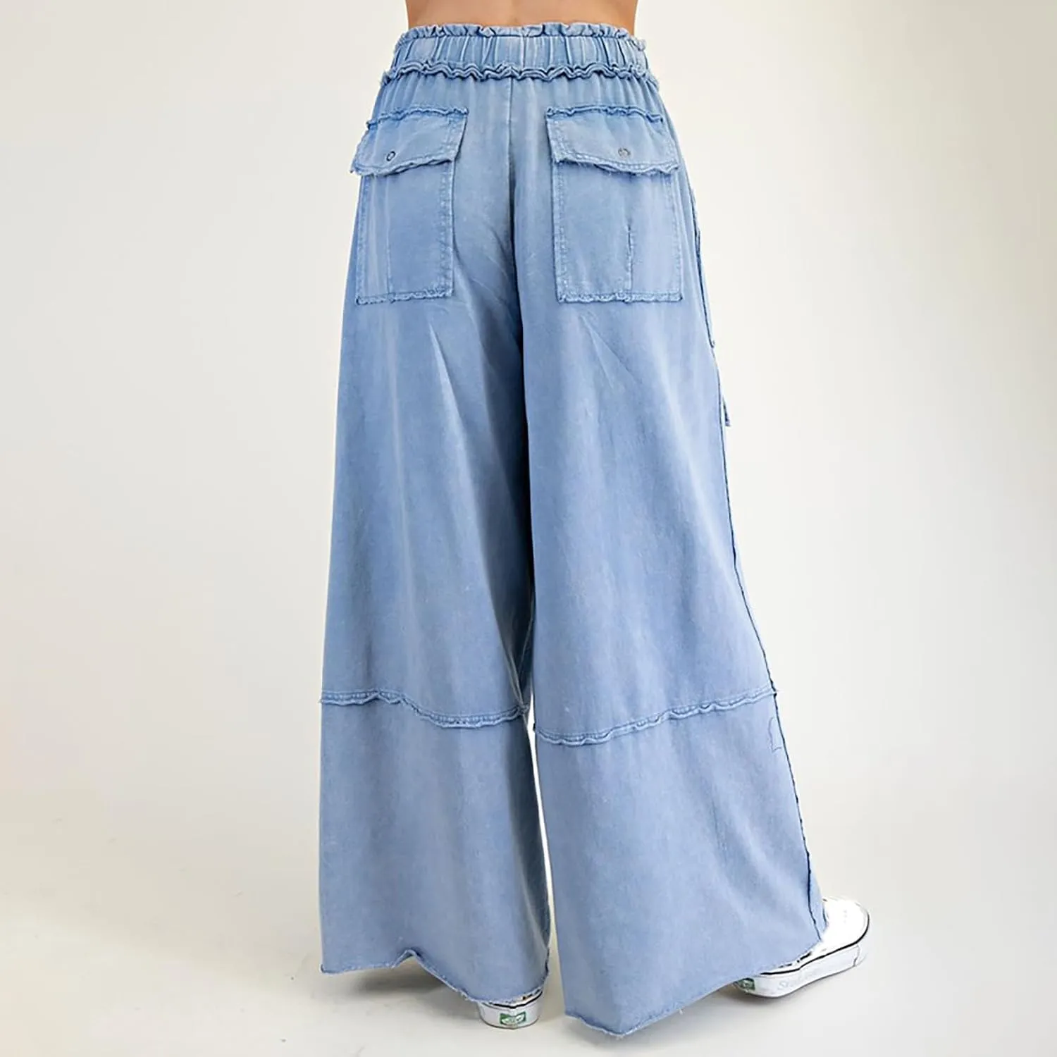 Culottes for Women Casual Summer Elastic Waist Cargo Jeans Loose Fit Lightweight Flowy Wide Leg Palazzo Pants with Pockets