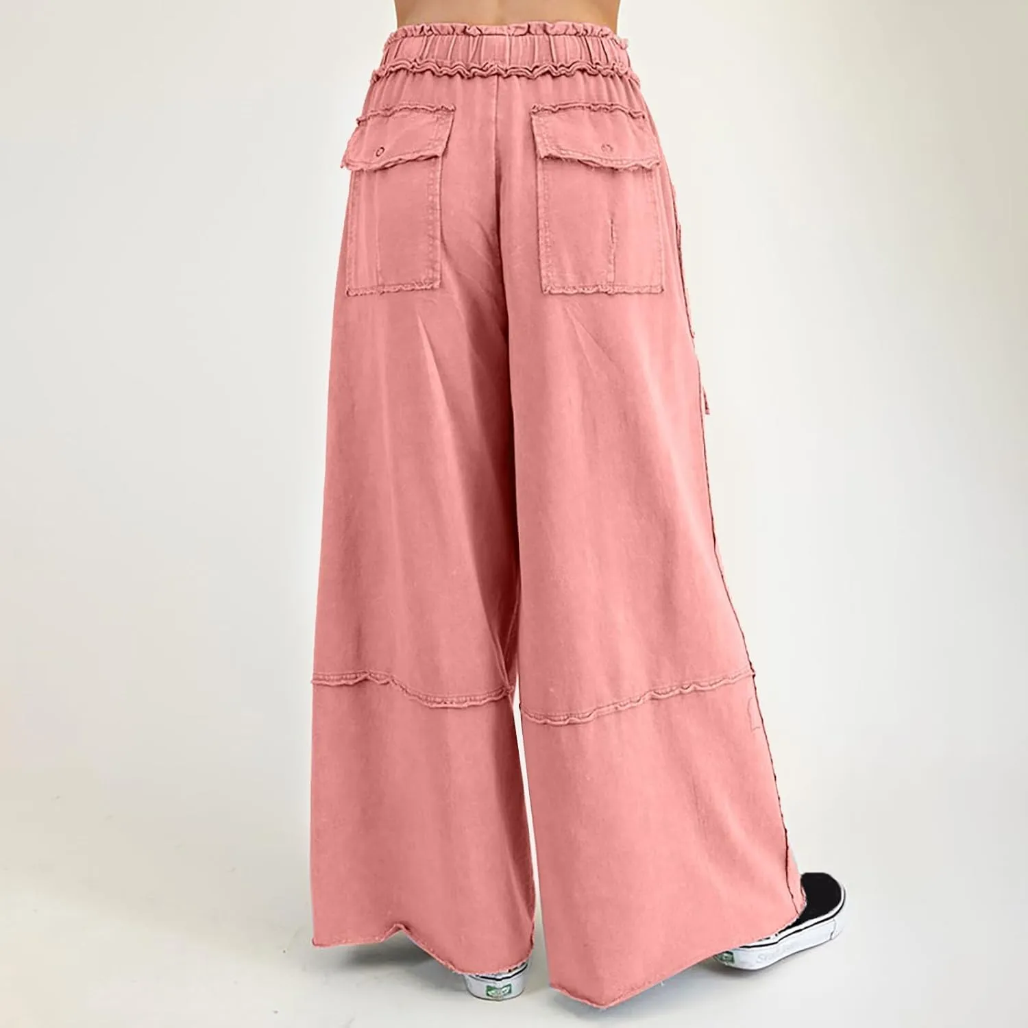 Culottes for Women Casual Summer Elastic Waist Cargo Jeans Loose Fit Lightweight Flowy Wide Leg Palazzo Pants with Pockets