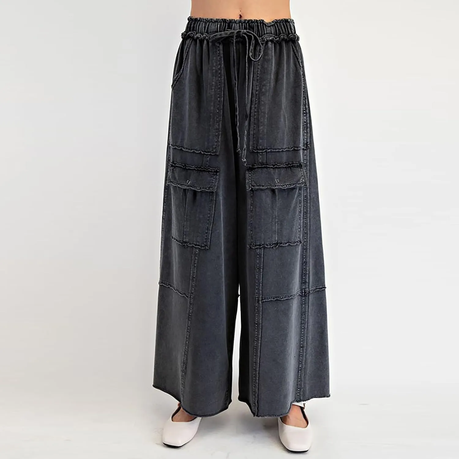 Culottes for Women Casual Summer Elastic Waist Cargo Jeans Loose Fit Lightweight Flowy Wide Leg Palazzo Pants with Pockets
