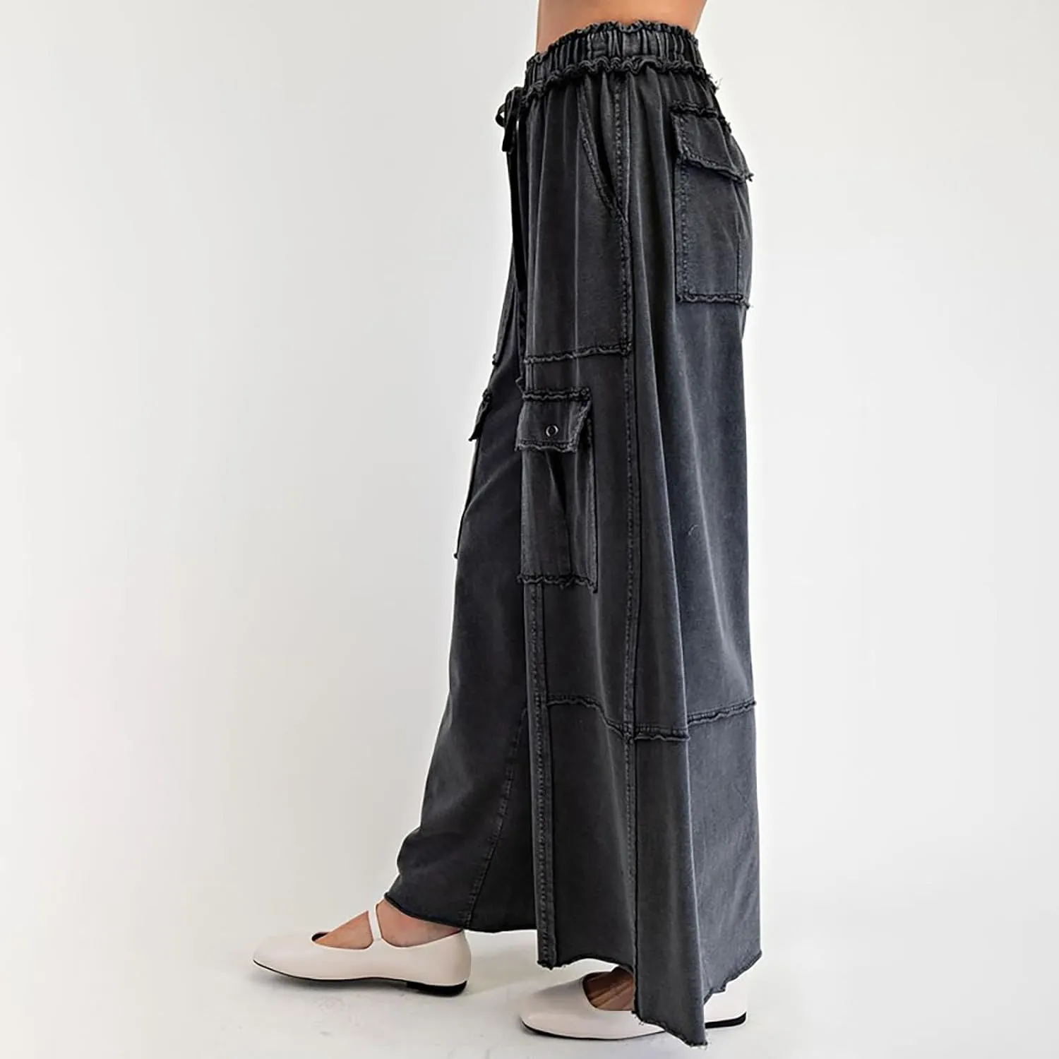 Culottes for Women Casual Summer Elastic Waist Cargo Jeans Loose Fit Lightweight Flowy Wide Leg Palazzo Pants with Pockets