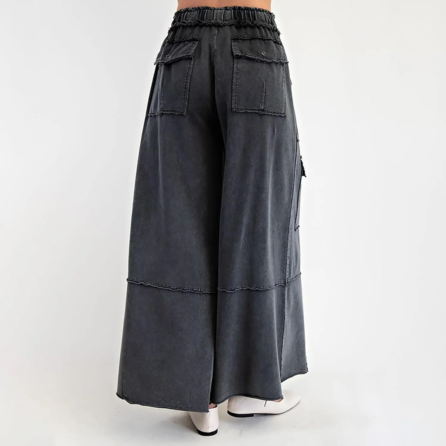 Culottes for Women Casual Summer Elastic Waist Cargo Jeans Loose Fit Lightweight Flowy Wide Leg Palazzo Pants with Pockets