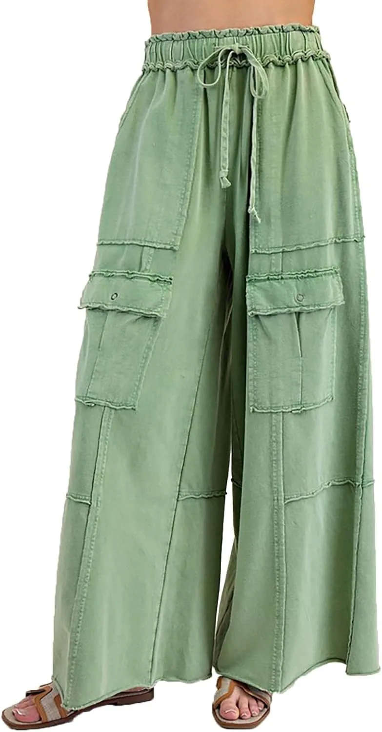 Culottes for Women Casual Summer Elastic Waist Cargo Jeans Loose Fit Lightweight Flowy Wide Leg Palazzo Pants with Pockets