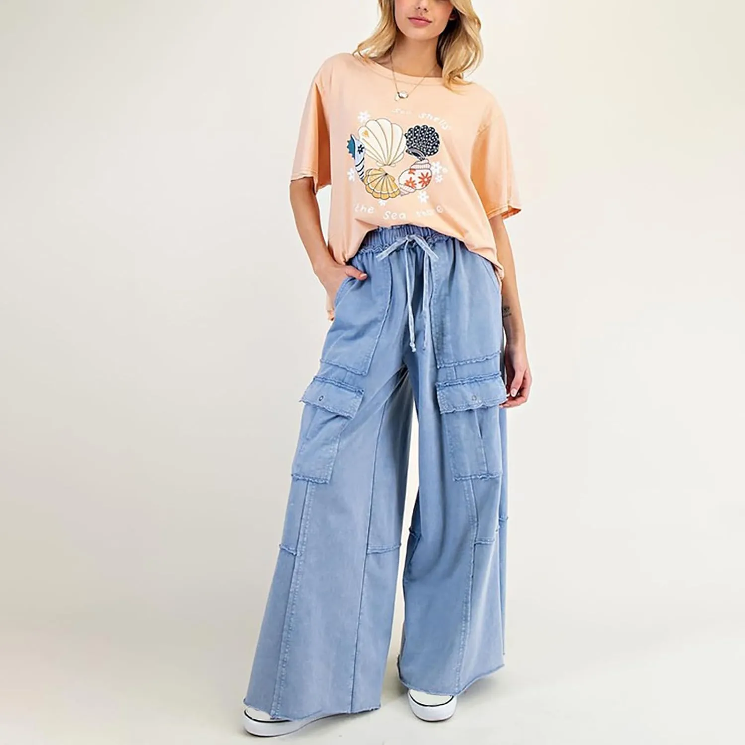 Culottes for Women Casual Summer Elastic Waist Cargo Jeans Loose Fit Lightweight Flowy Wide Leg Palazzo Pants with Pockets