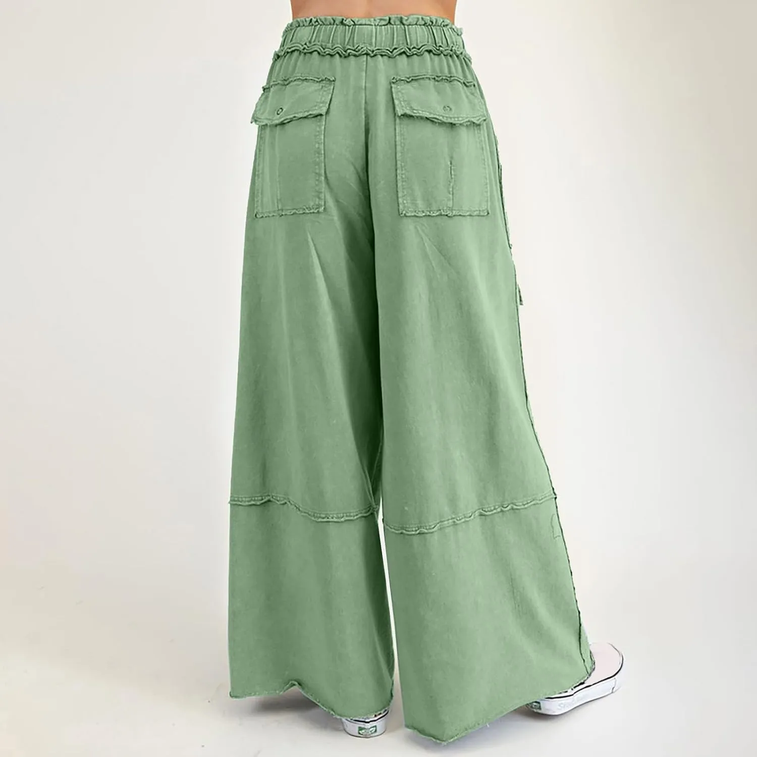 Culottes for Women Casual Summer Elastic Waist Cargo Jeans Loose Fit Lightweight Flowy Wide Leg Palazzo Pants with Pockets