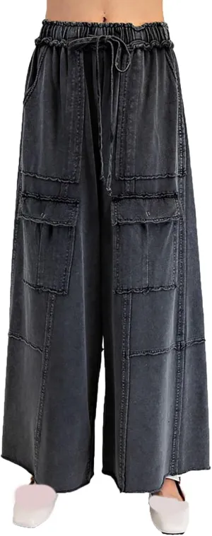 Culottes for Women Casual Summer Elastic Waist Cargo Jeans Loose Fit Lightweight Flowy Wide Leg Palazzo Pants with Pockets