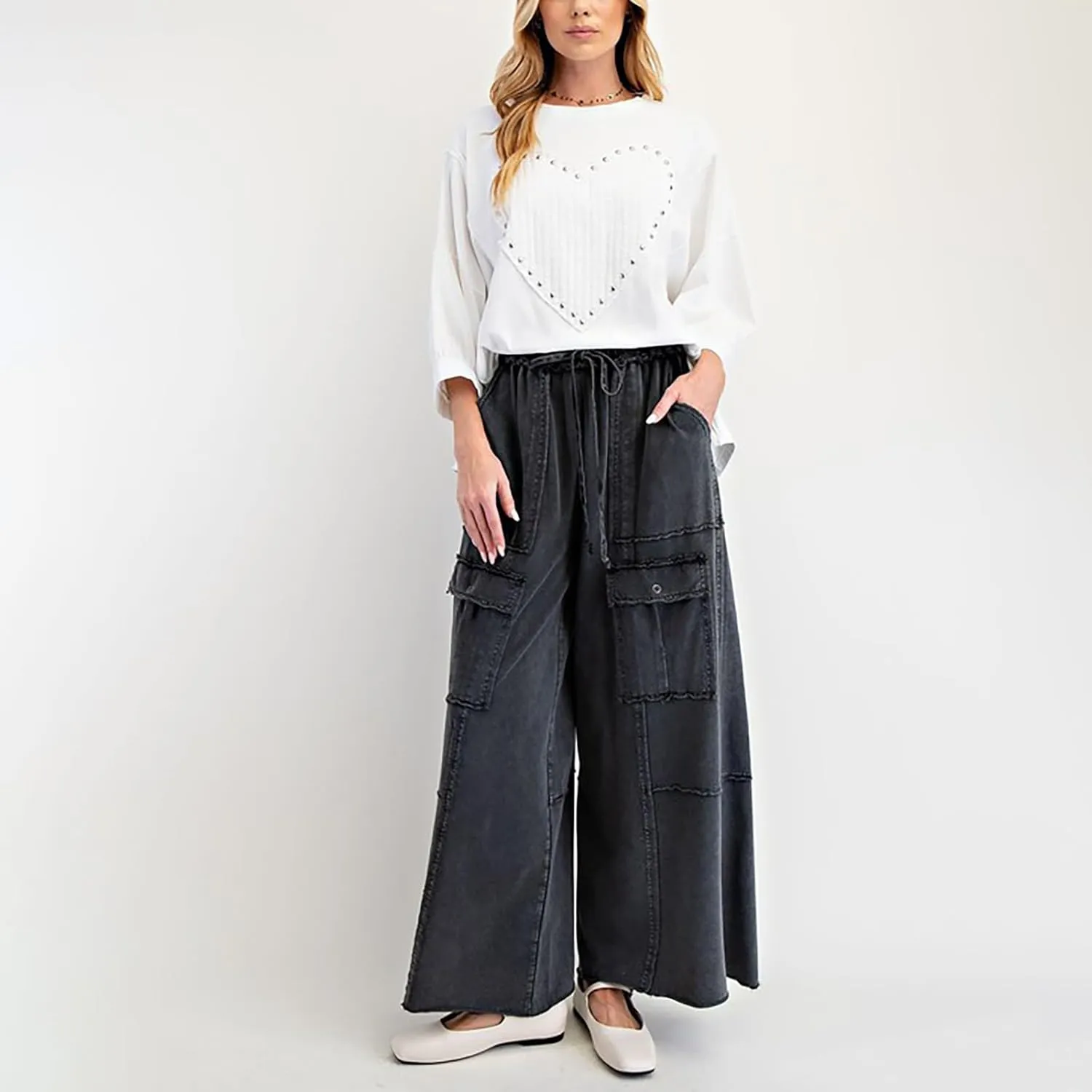 Culottes for Women Casual Summer Elastic Waist Cargo Jeans Loose Fit Lightweight Flowy Wide Leg Palazzo Pants with Pockets