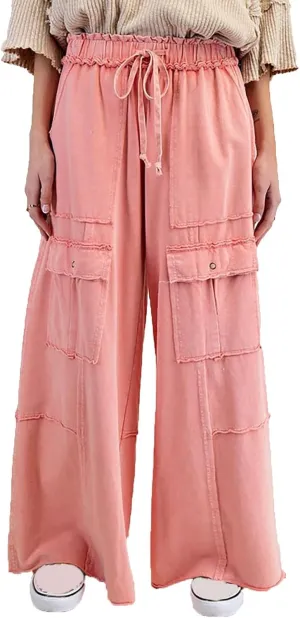 Culottes for Women Casual Summer Elastic Waist Cargo Jeans Loose Fit Lightweight Flowy Wide Leg Palazzo Pants with Pockets