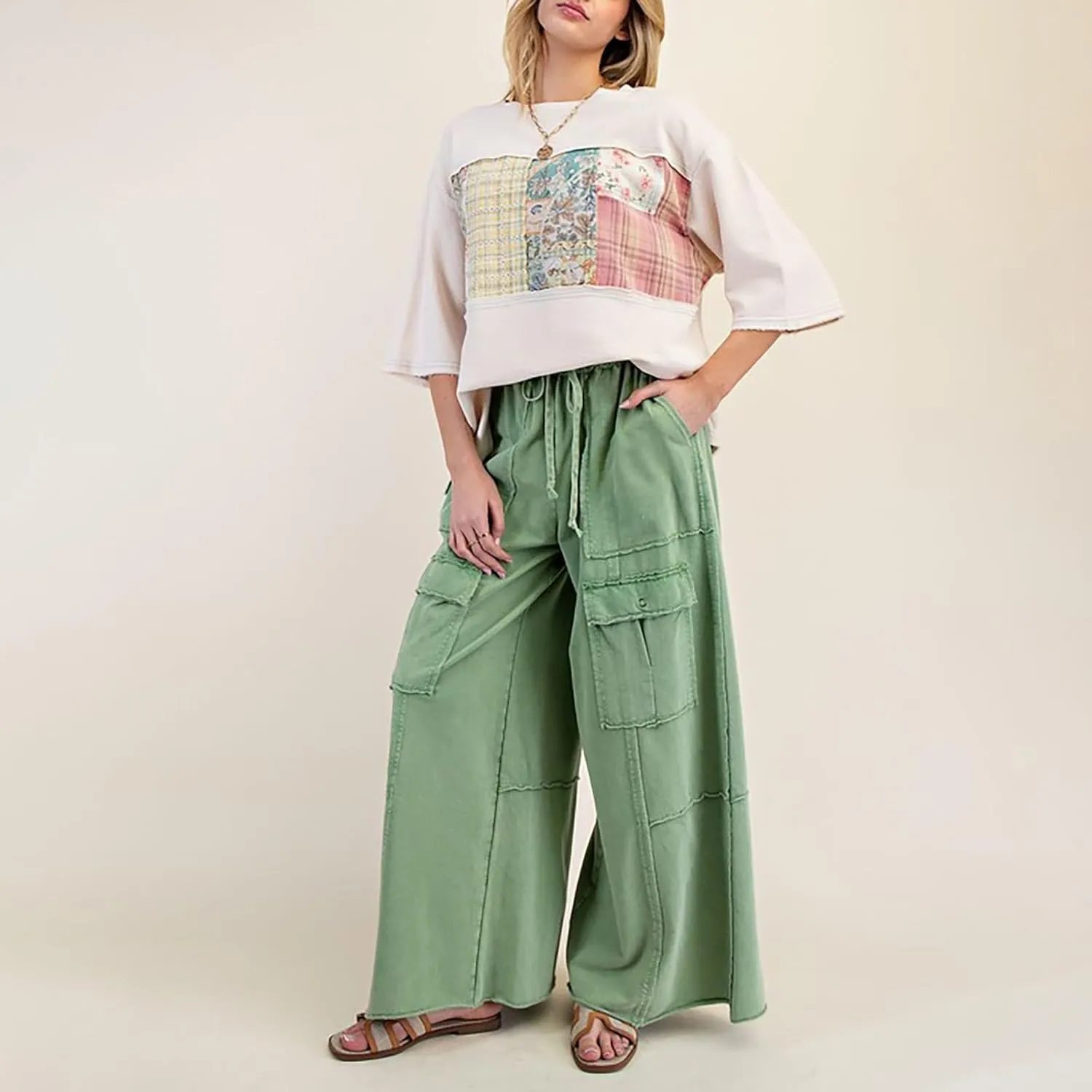 Culottes for Women Casual Summer Elastic Waist Cargo Jeans Loose Fit Lightweight Flowy Wide Leg Palazzo Pants with Pockets
