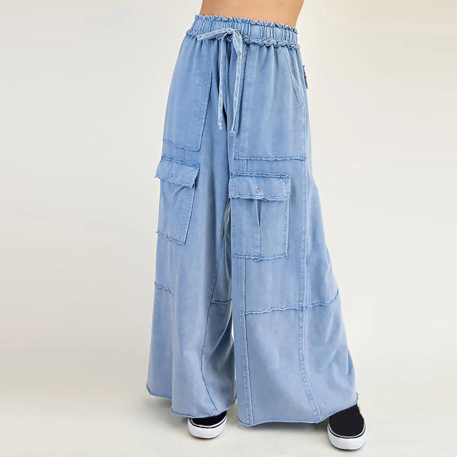 Culottes for Women Casual Summer Elastic Waist Cargo Jeans Loose Fit Lightweight Flowy Wide Leg Palazzo Pants with Pockets
