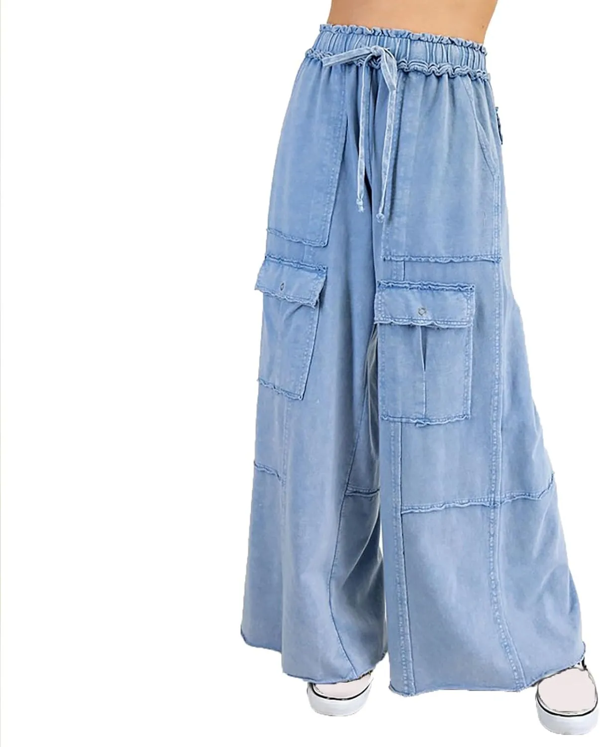 Culottes for Women Casual Summer Elastic Waist Cargo Jeans Loose Fit Lightweight Flowy Wide Leg Palazzo Pants with Pockets