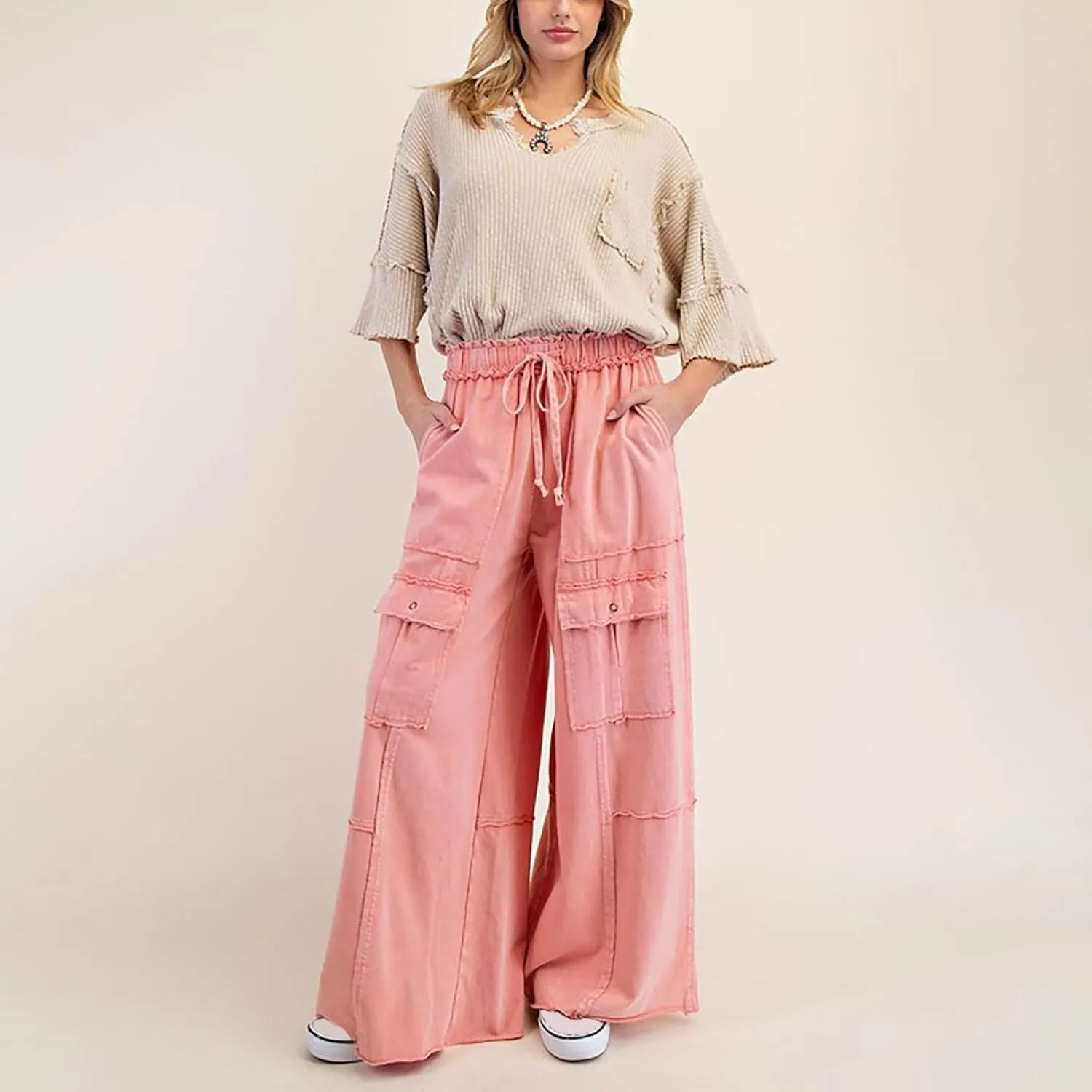 Culottes for Women Casual Summer Elastic Waist Cargo Jeans Loose Fit Lightweight Flowy Wide Leg Palazzo Pants with Pockets