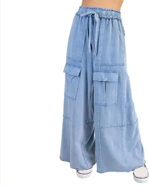 Culottes for Women Casual Summer Elastic Waist Cargo Jeans Loose Fit Lightweight Flowy Wide Leg Palazzo Pants with Pockets