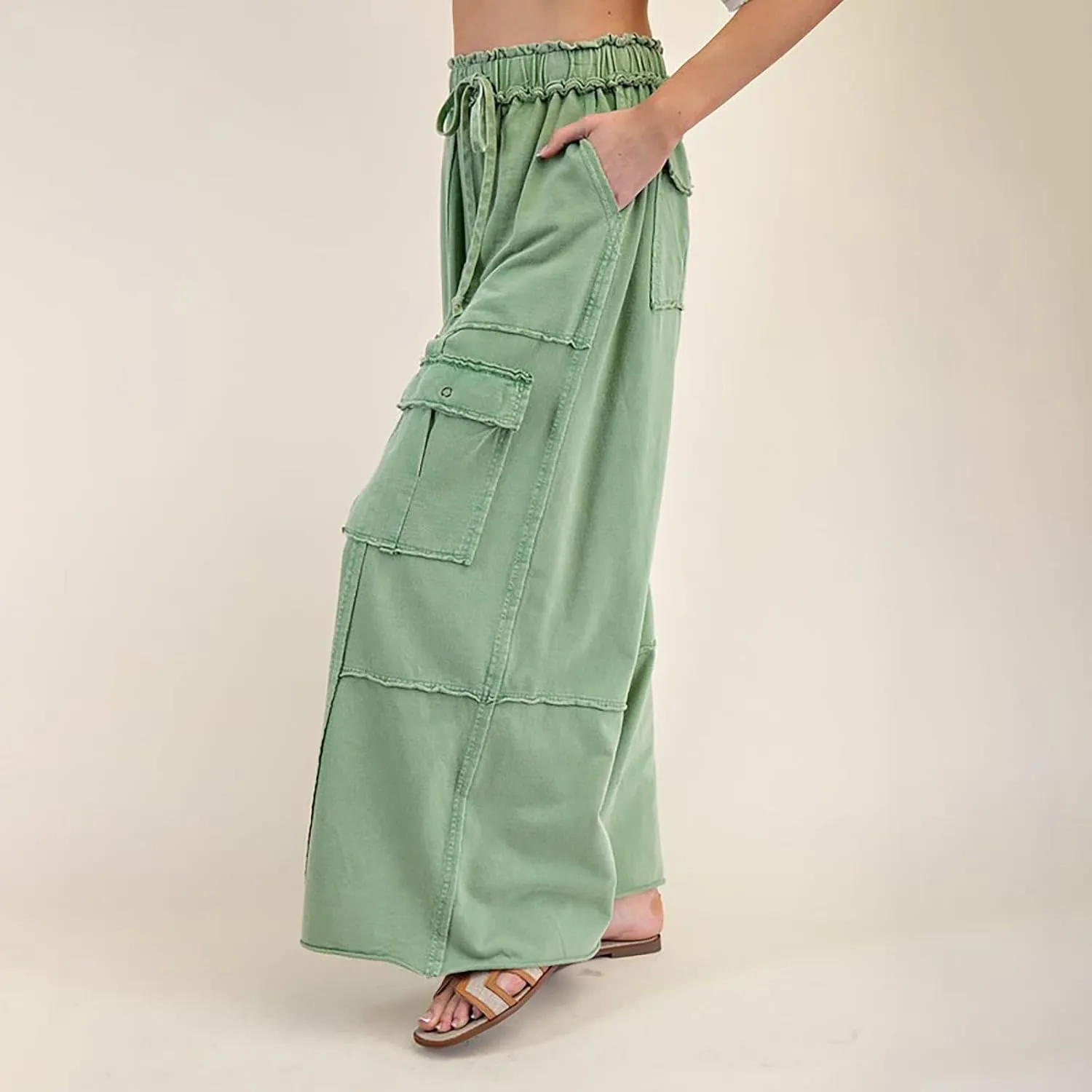 Culottes for Women Casual Summer Elastic Waist Cargo Jeans Loose Fit Lightweight Flowy Wide Leg Palazzo Pants with Pockets