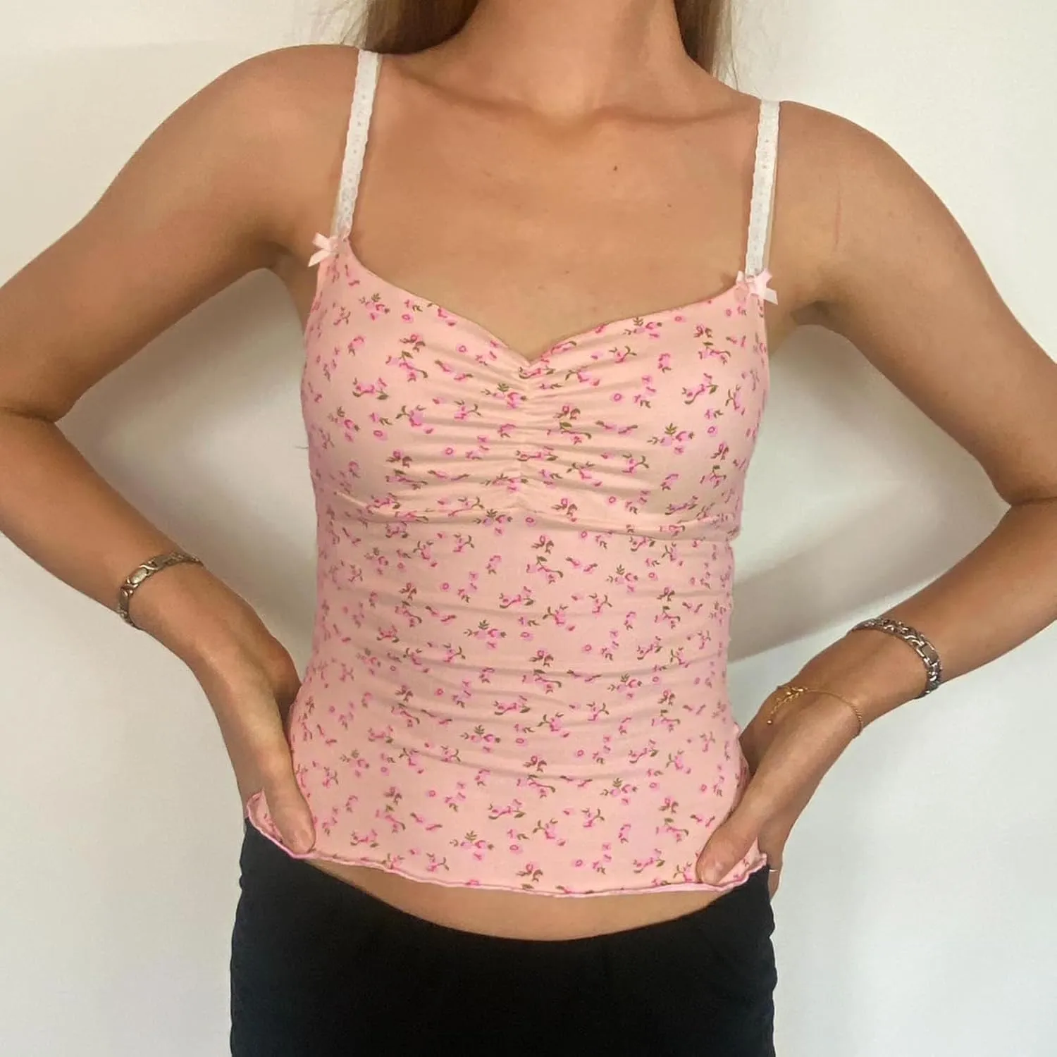 Cute Camisole for Women Y2k Spaghetti Strap V Neck Fitted Tank Top Preppy Button Front Sleeveless Crop Top