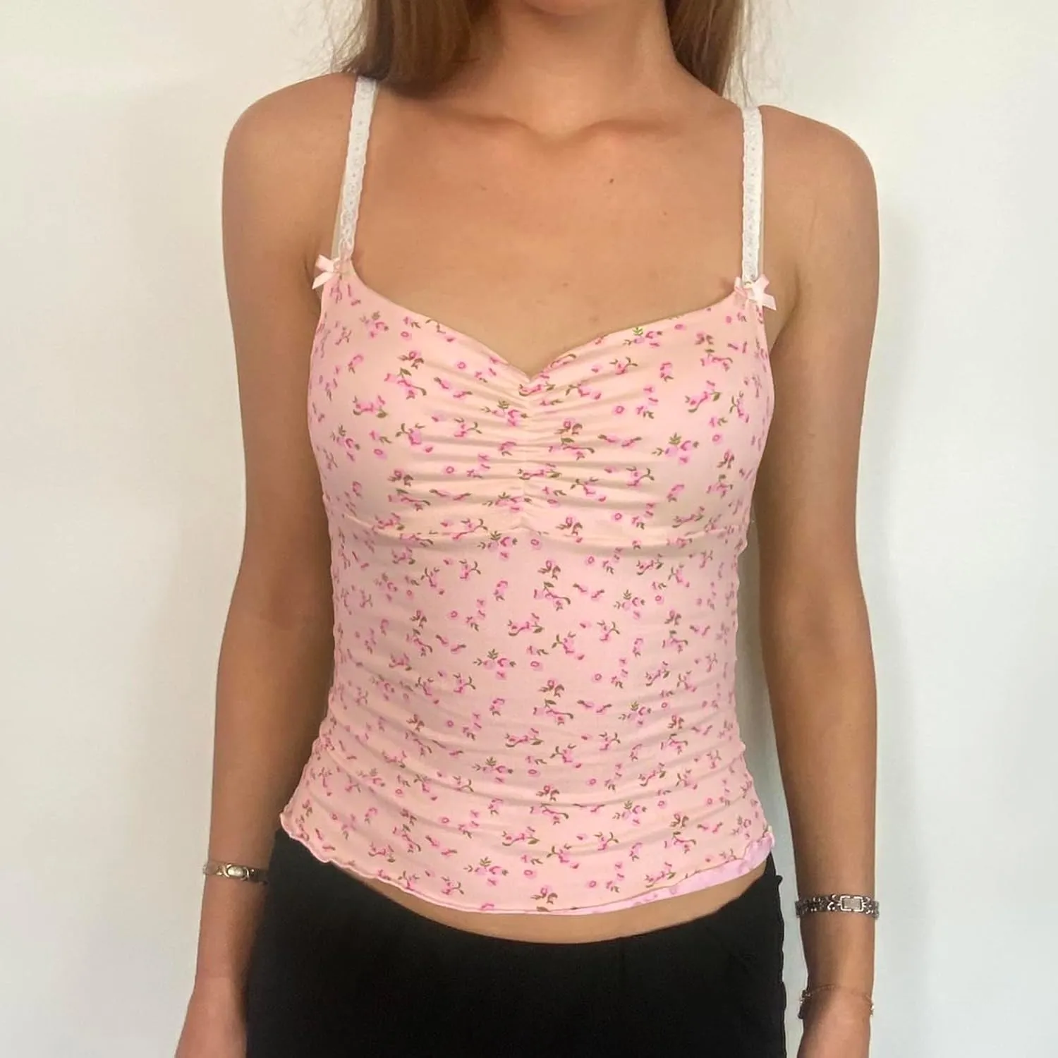 Cute Camisole for Women Y2k Spaghetti Strap V Neck Fitted Tank Top Preppy Button Front Sleeveless Crop Top