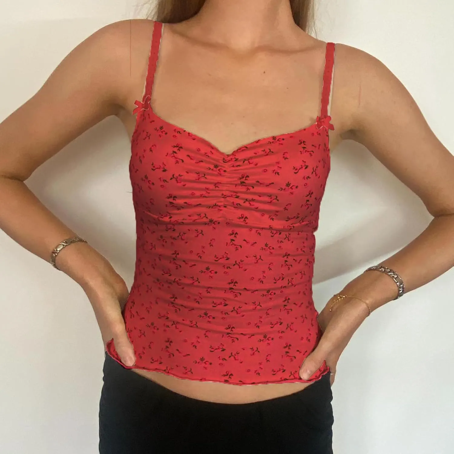 Cute Camisole for Women Y2k Spaghetti Strap V Neck Fitted Tank Top Preppy Button Front Sleeveless Crop Top