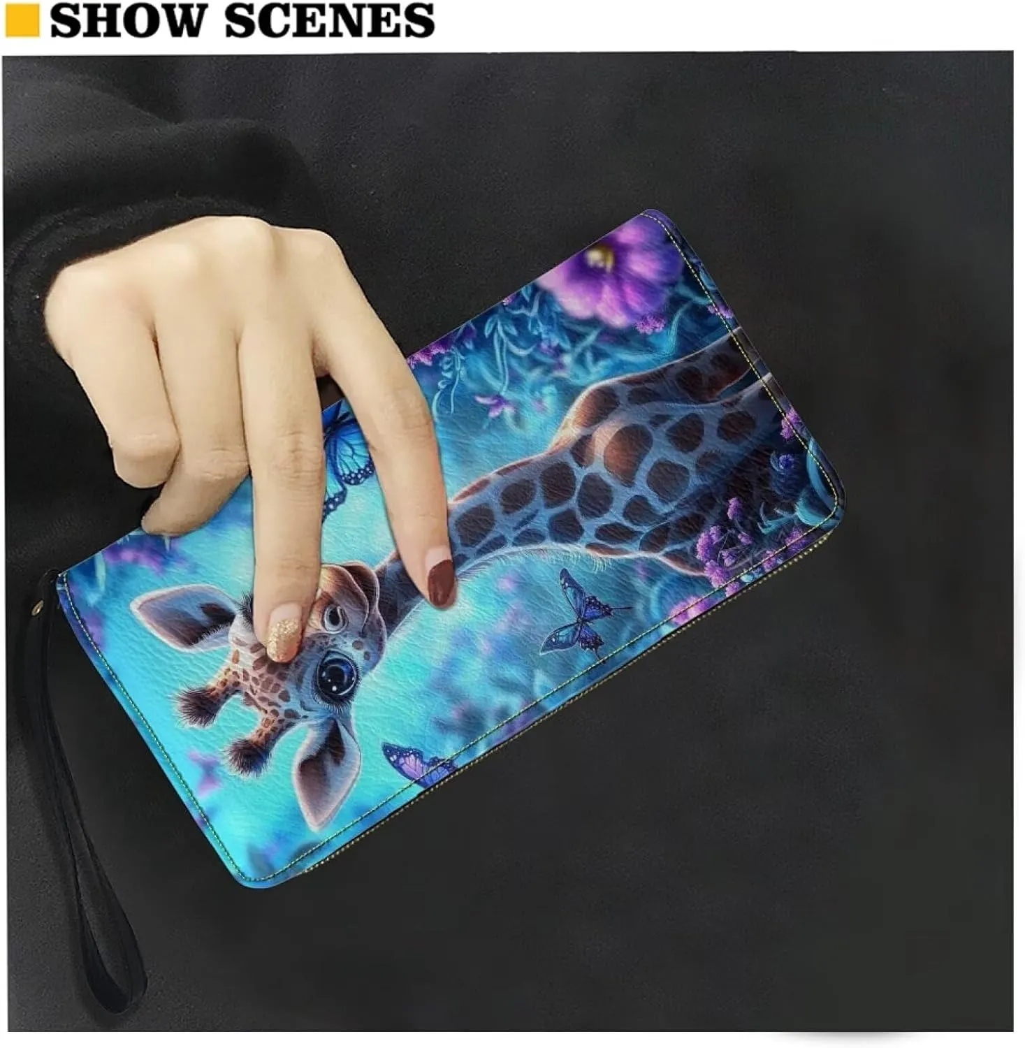 Cute Giraffe Floral Wristlet Leather Wallet for Women Long Coin Purse Female Girls Zip Around Clutch Bag