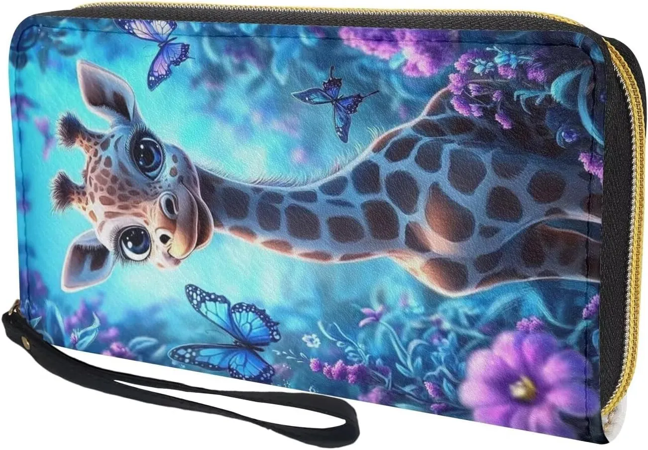Cute Giraffe Floral Wristlet Leather Wallet for Women Long Coin Purse Female Girls Zip Around Clutch Bag