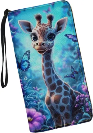 Cute Giraffe Floral Wristlet Leather Wallet for Women Long Coin Purse Female Girls Zip Around Clutch Bag