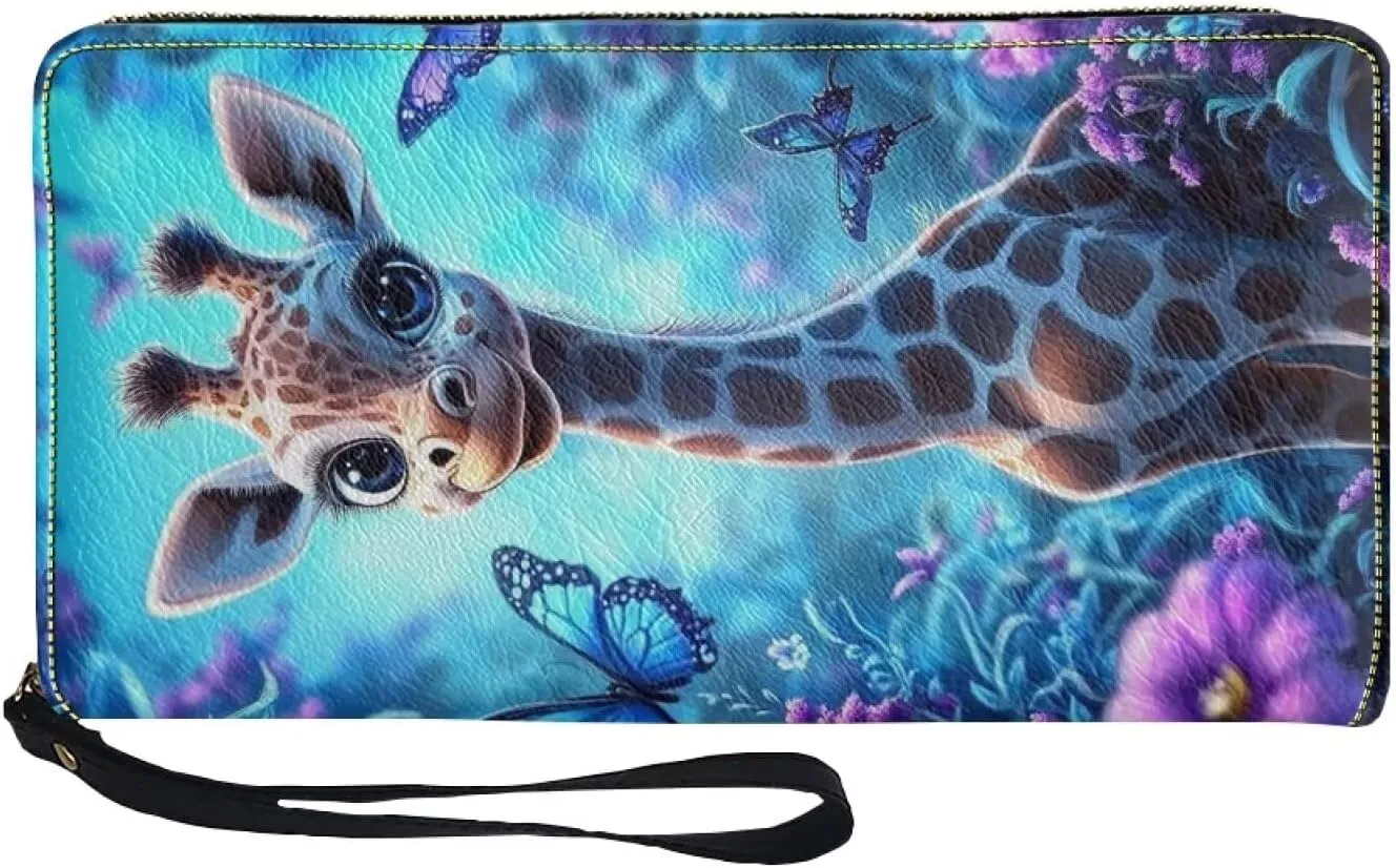 Cute Giraffe Floral Wristlet Leather Wallet for Women Long Coin Purse Female Girls Zip Around Clutch Bag