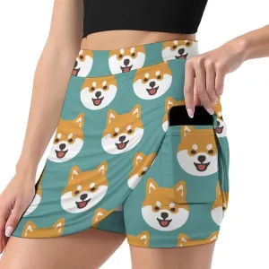 Cute Shiba Dog Face Women's Mini Tennis Skirt with Shorts Underneath Athletic Workout Cute Skorts