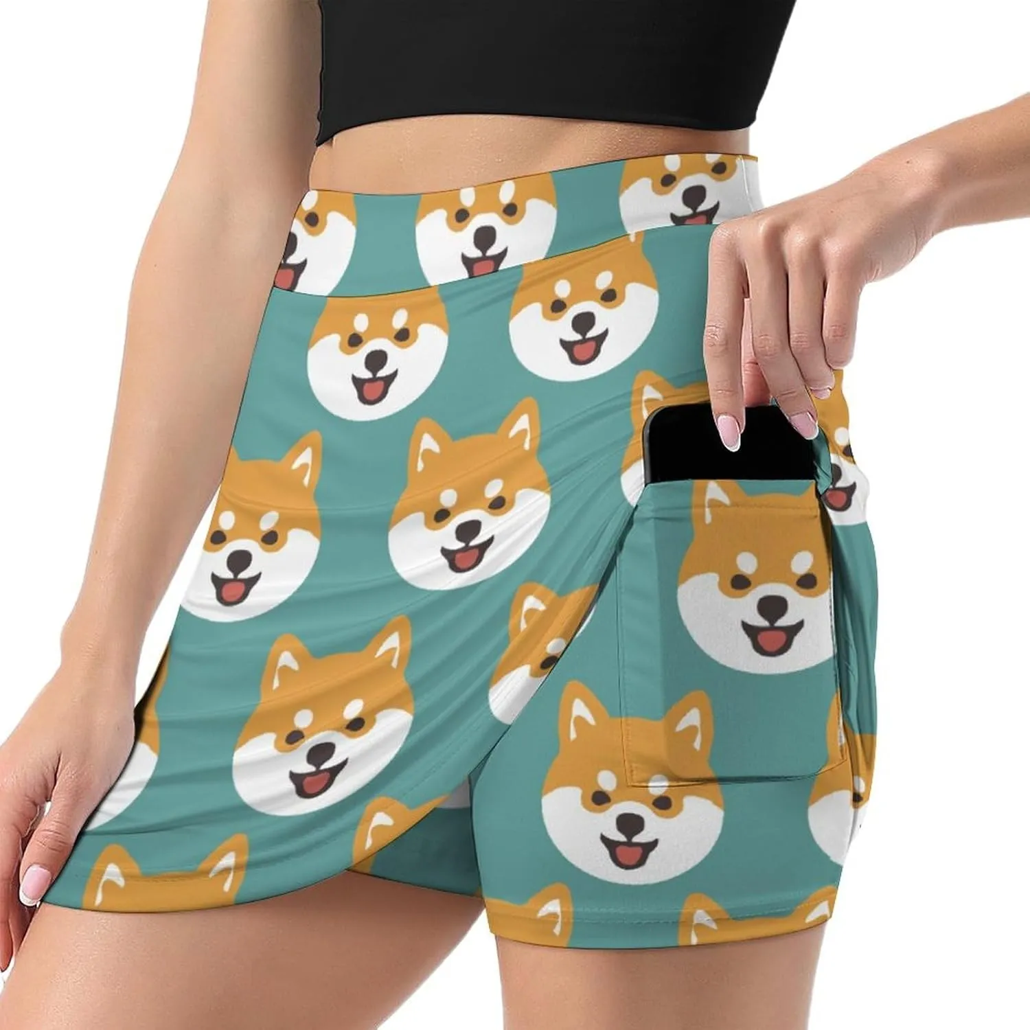 Cute Shiba Dog Face Women's Mini Tennis Skirt with Shorts Underneath Athletic Workout Cute Skorts