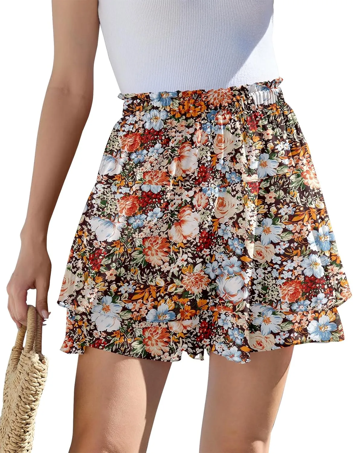 CYiNu Women's Flowy Short Boho Floral Skorts Casual Ruffle High Waist Mini Skirts Summer Running Chiffon Butterfly Culottes