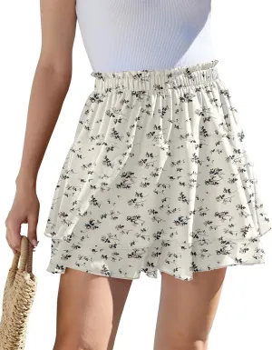 CYiNu Women's Flowy Short Boho Floral Skorts Casual Ruffle High Waist Mini Skirts Summer Running Chiffon Butterfly Culottes